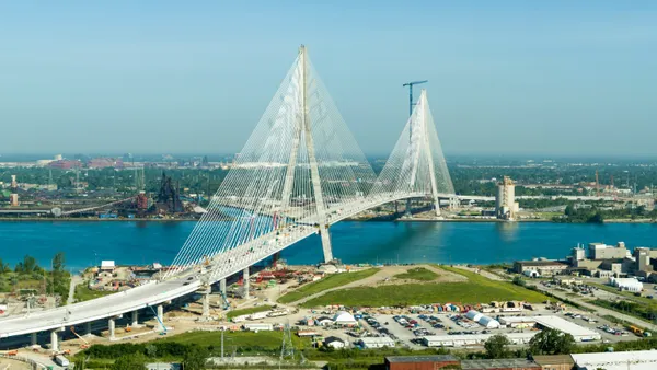 The long cable stayed Gordie Howe bridge spans the U.S. and Canada.