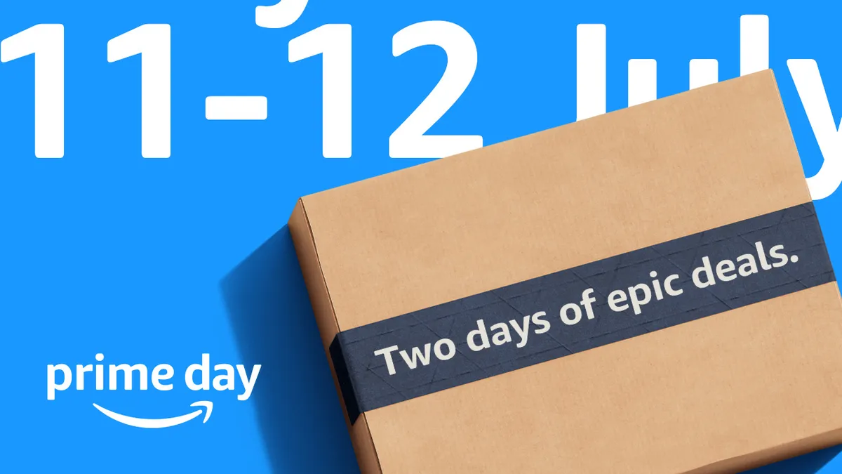 A brown package on a bright blue background that says "Prime Day" and "July 11-12."