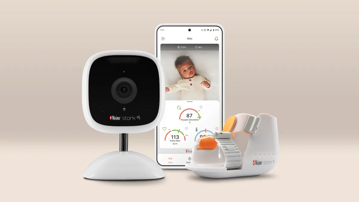 Masimo's Stork baby monitoring boot, smartphone app and camera are displayed.