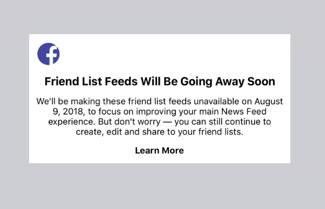 Facebook 'Friends List' feeds shut down notification
