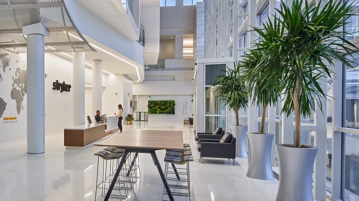 The lobby of Stryker's new headquarters building in Portage, Michigan, is pictured.