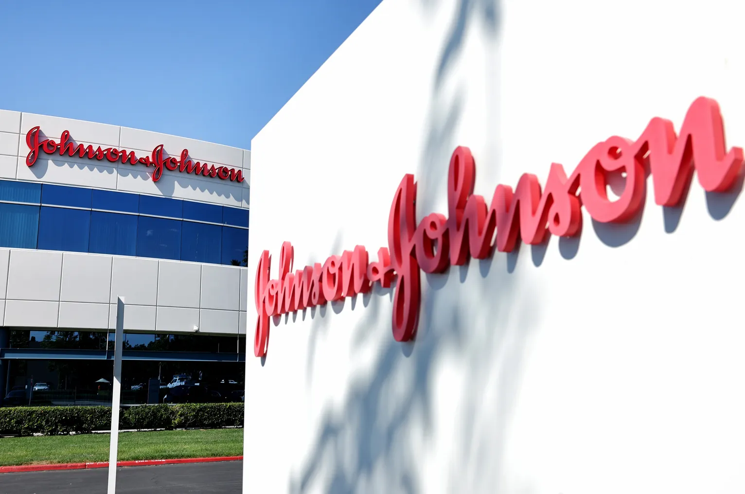 Signs for Johnson & Johnson are seen on company offices in California.