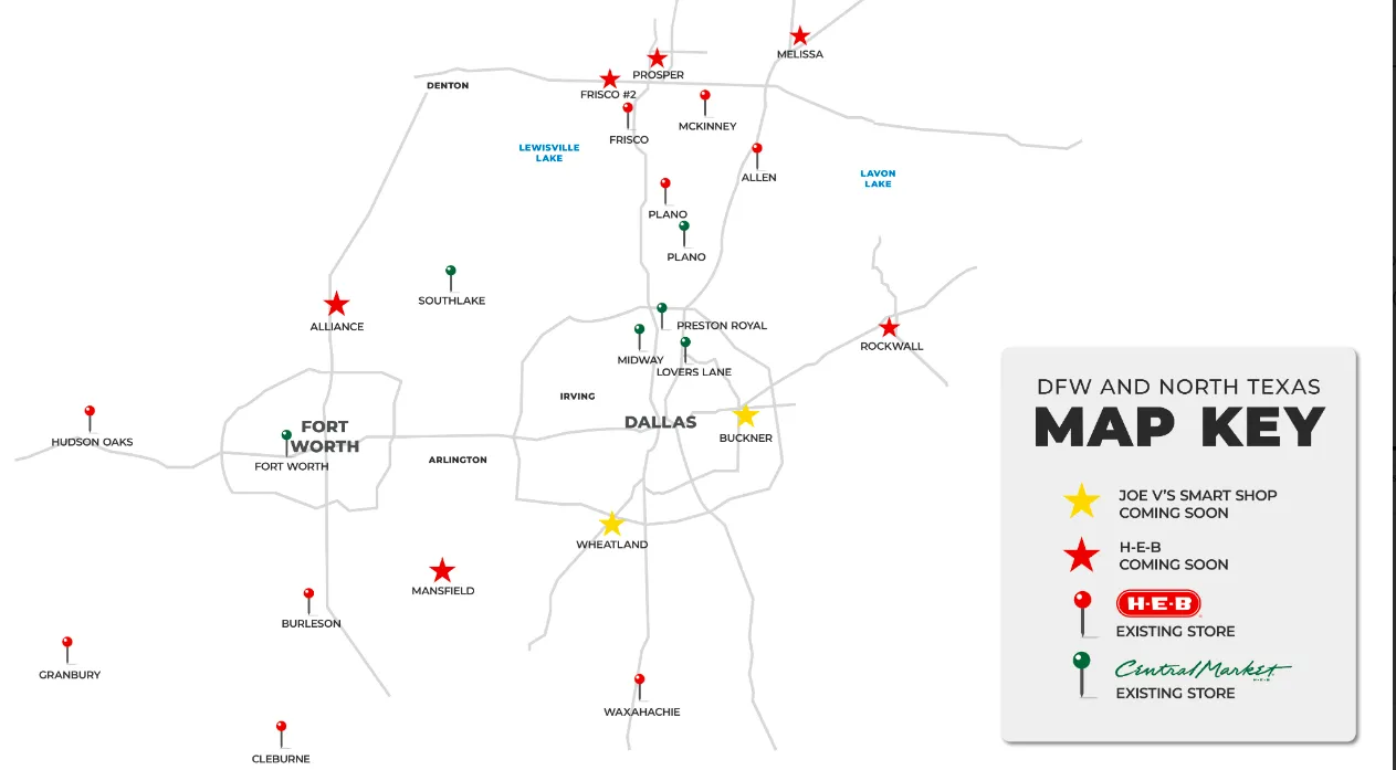 Map of a grocer&#x27;s stores in a metropolitan area.