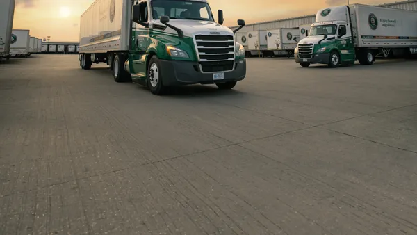 Old Dominion Freight Line trucks in a terminal parking lot.