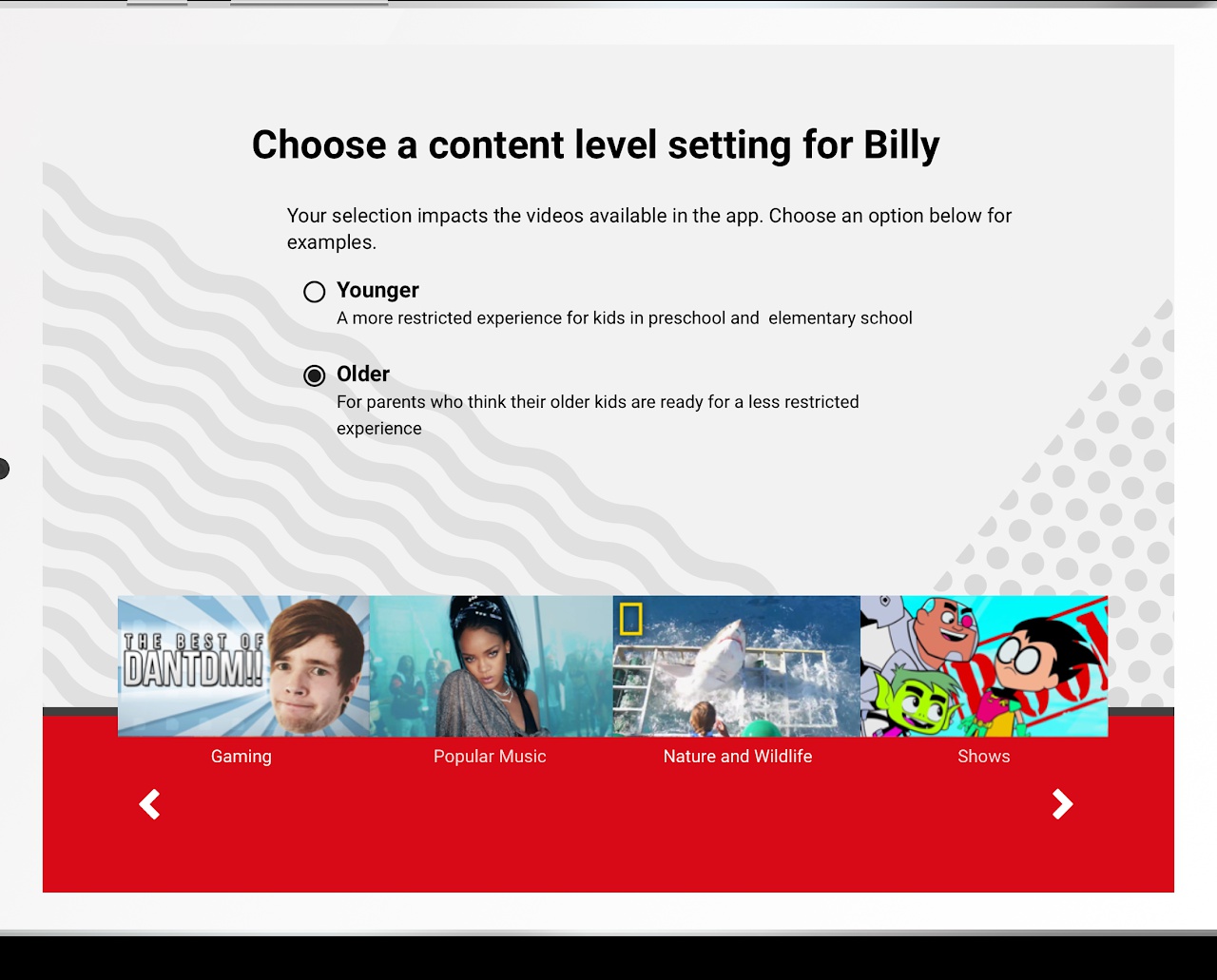 YouTube Kids' new age content selector screen
