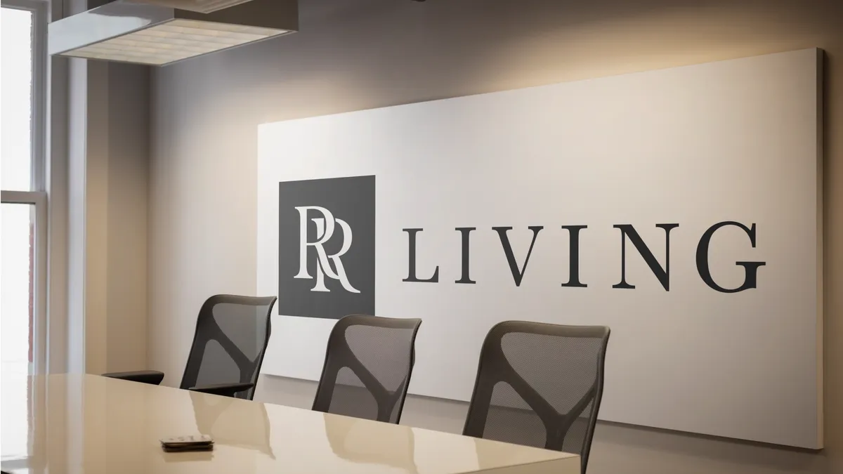 An office conference room with "RR Living" written on the wall.