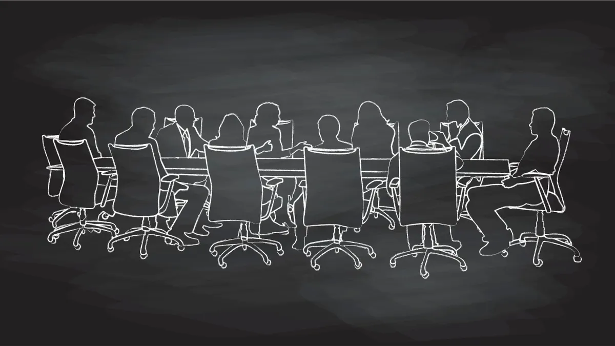 A chalkboard illustration of a group of business people having a board meeting