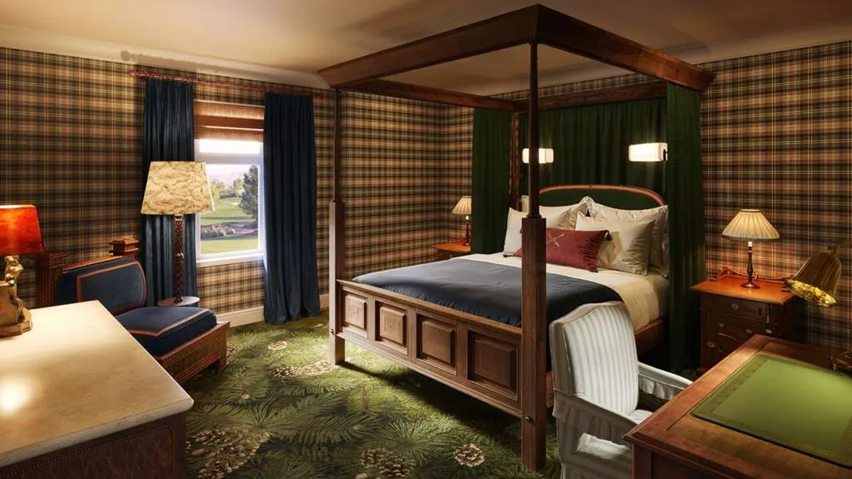 A rendering of a hotel room.