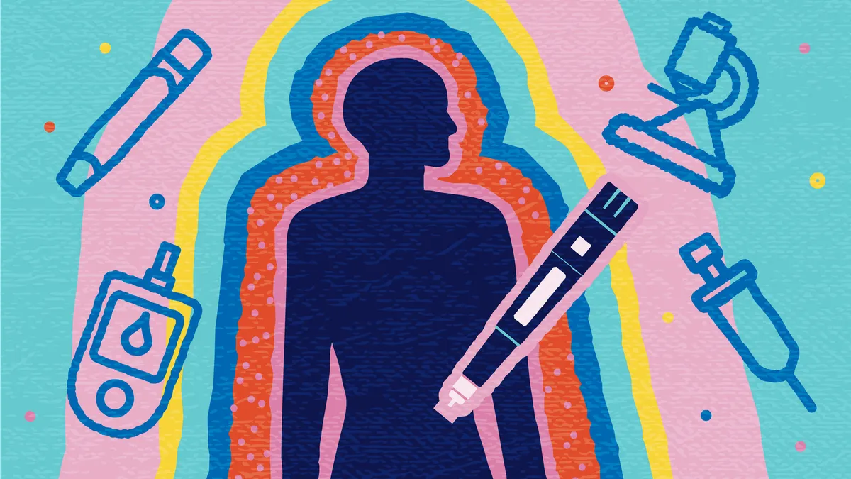 colorful silhouette of a person, abstract concept with injection pen, blood glucose kit, scientific elements and insulin syringe