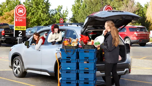 A person packing grocery bags into a car.