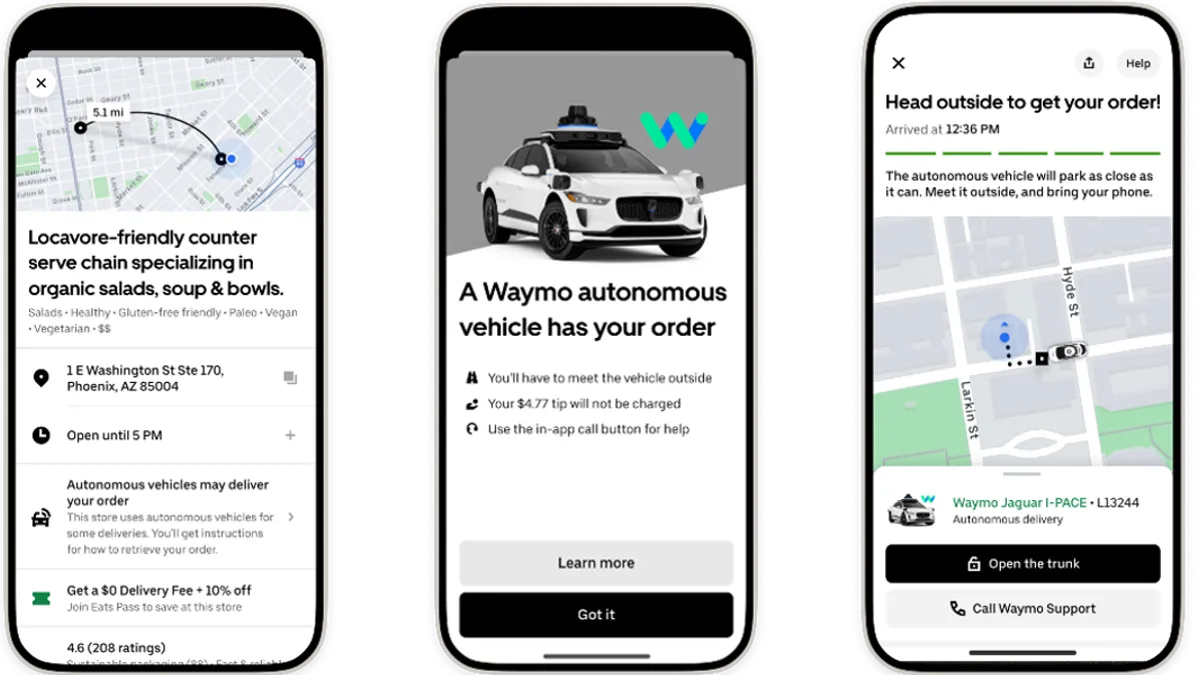 Screen shots of Uber Eats app with Waymo delivery