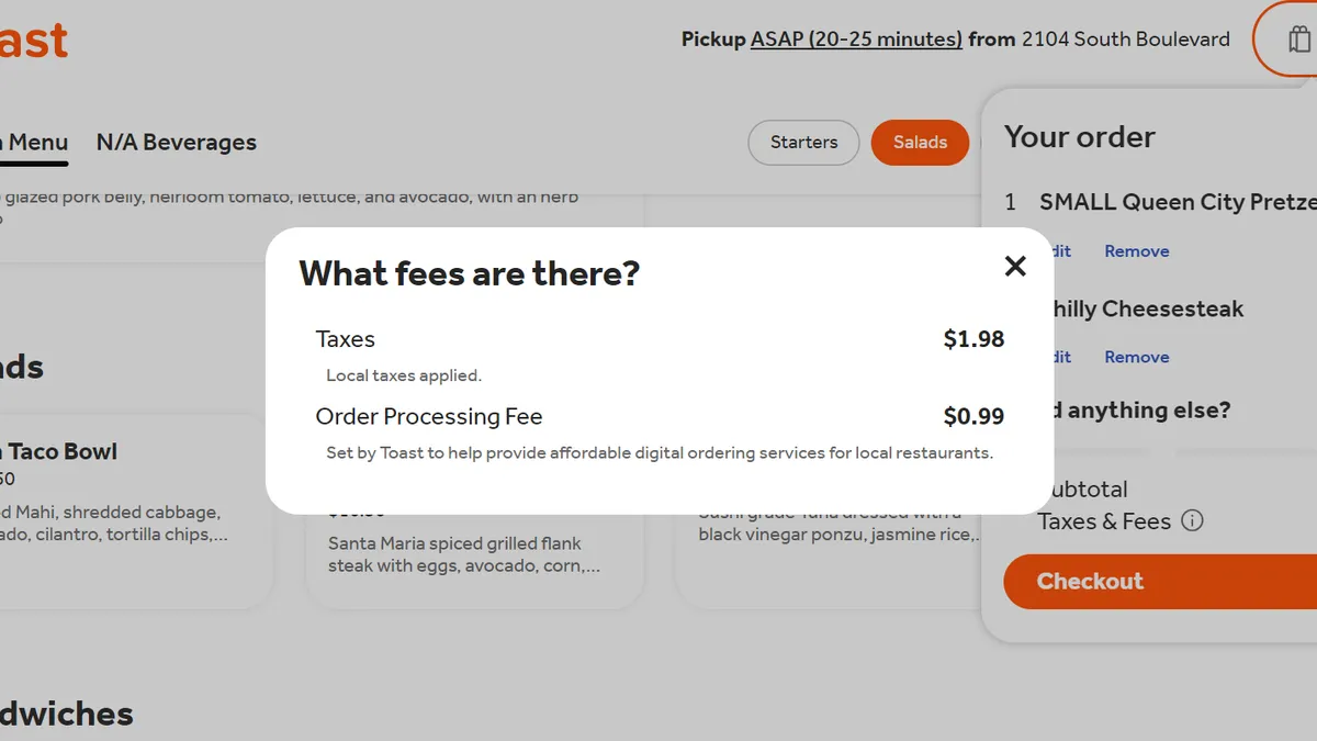 A screenshot shows the breakdown of taxes and fees for an online order placed through Toast's platform.