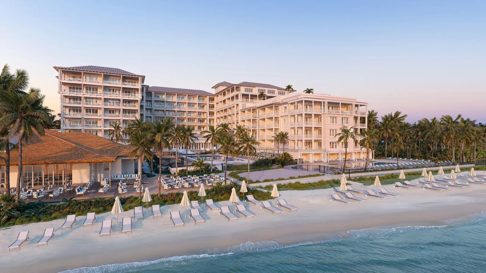 Exterior of the resort along the beach.