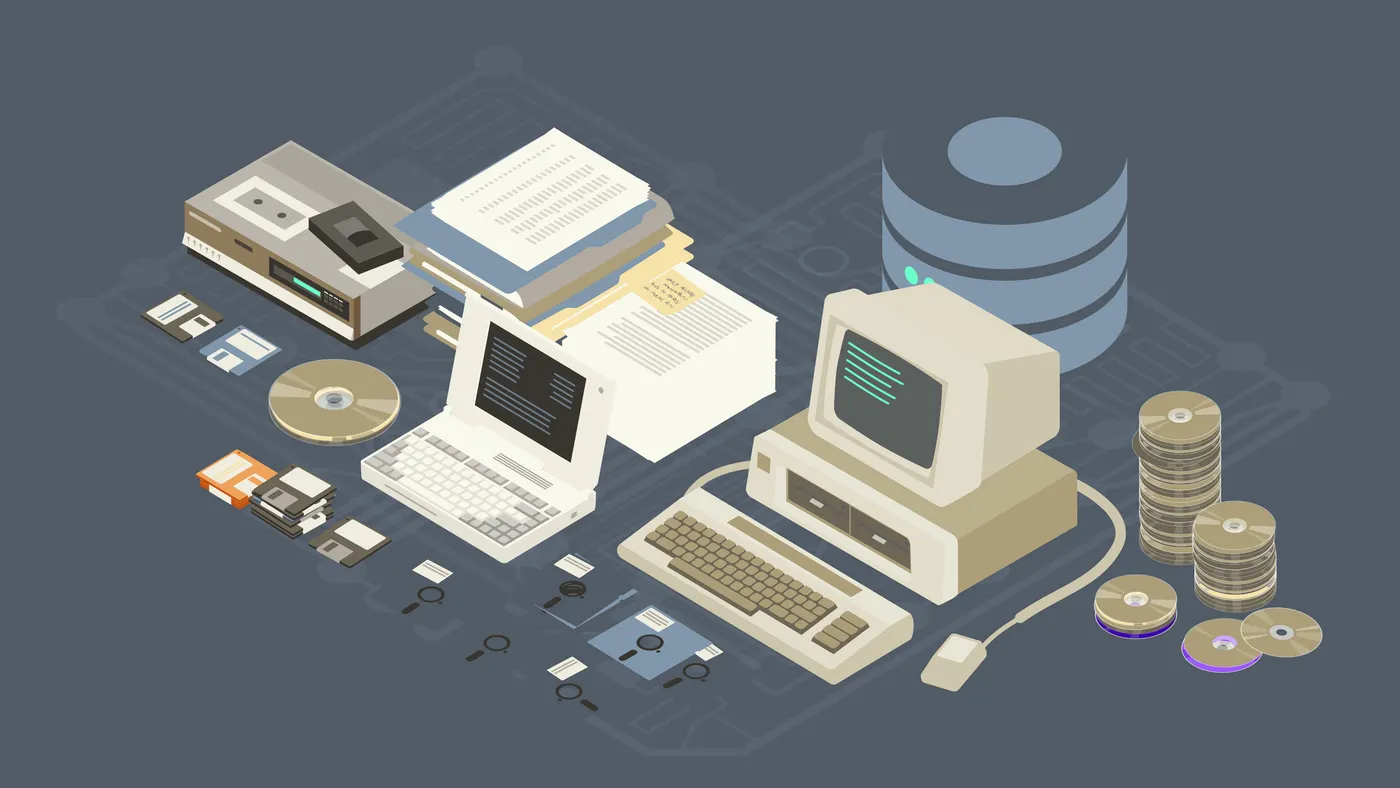 Legacy data is illustrated in a variety of forms here, including: CD roms, CDs, floppy disks, diskettes, stacks of paper, file folders, old computers, and a 3D generic data symbol