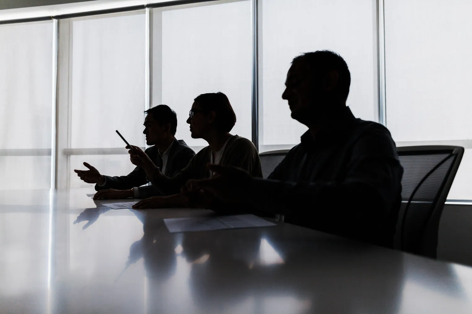 Silhouette of several business people at a conference room table.