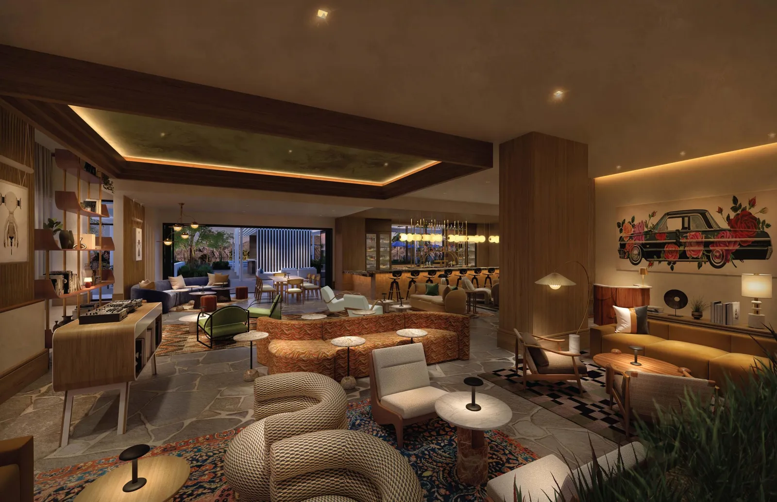 A rendering of the forthcoming lounge space at Thompson Palm Springs.