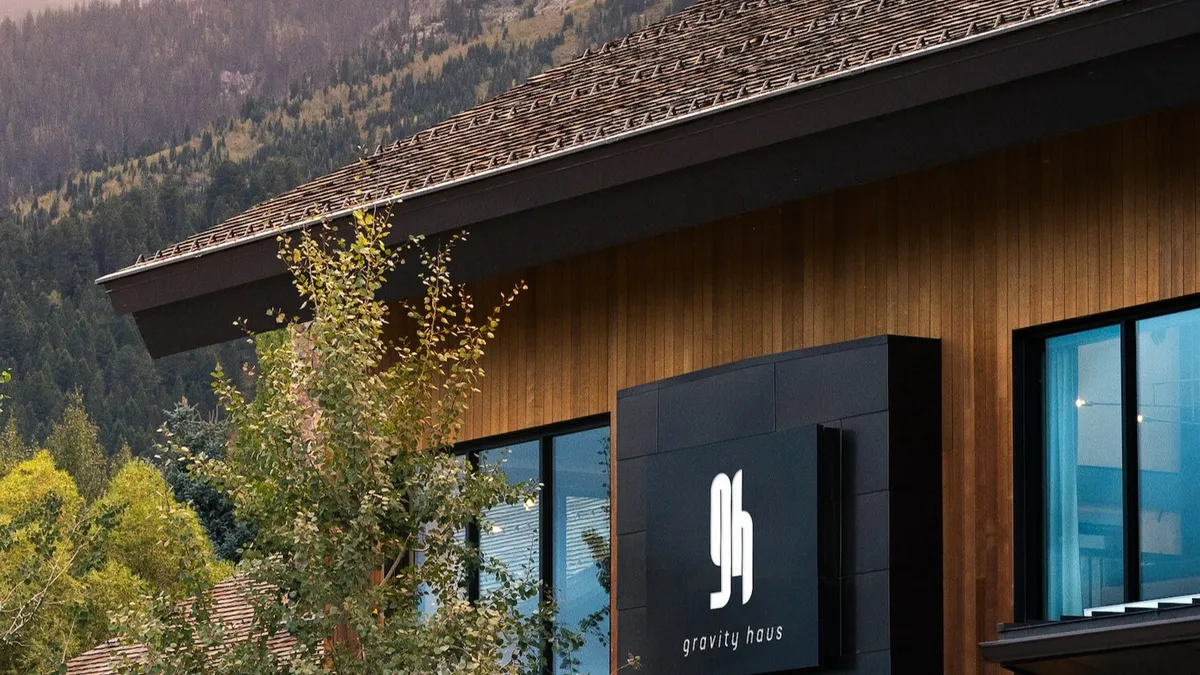 An exterior image of a Gravity Haus hotel in Jackson Hole, WY.