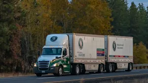 An Old Dominion Freight Line truck on a highway with trees in the background.