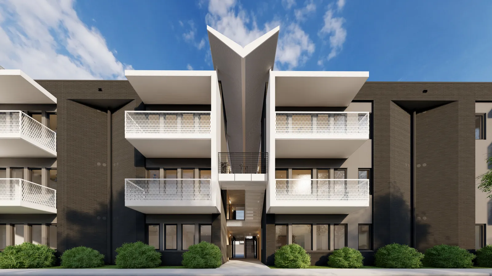 A rendering of an apartment complex with rigid, angular architecture, framed against a blue sky.