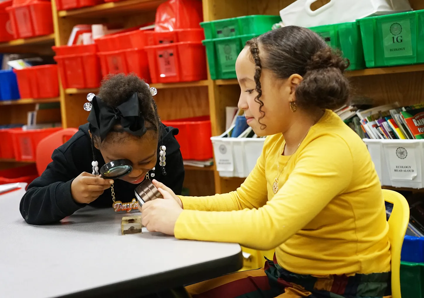 Two students sit at a table with shelves behind them. The two students are looking at an object on the table with one student holding a magnifying glass at the object.