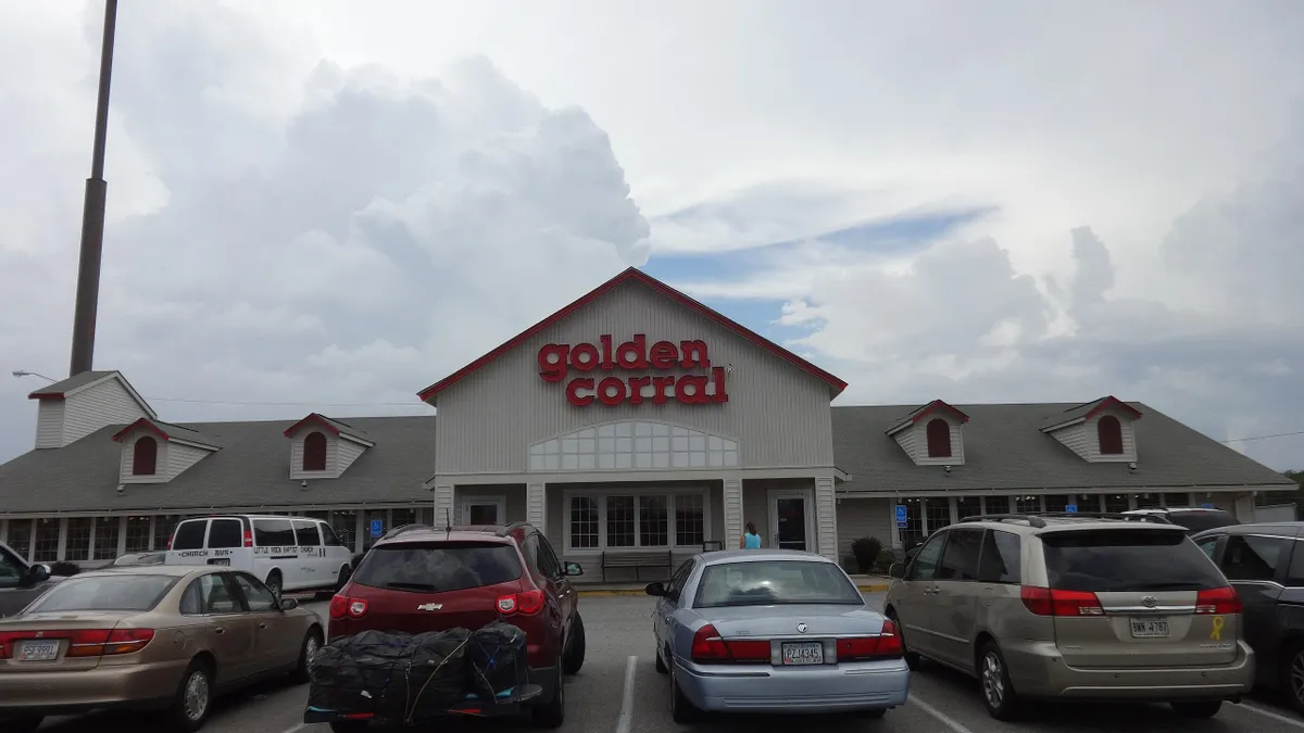 Patrons enter Golden Corral buffet restaurant