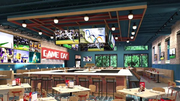 A rendering of a bar and tables with televisions hanging from the center and on the brick walls.