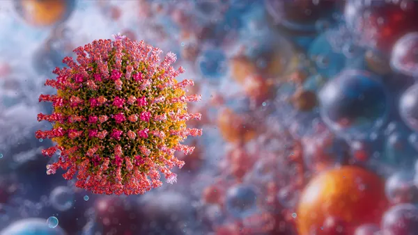 an upclose image of a measles virus is in the forefront with colorful blurred background