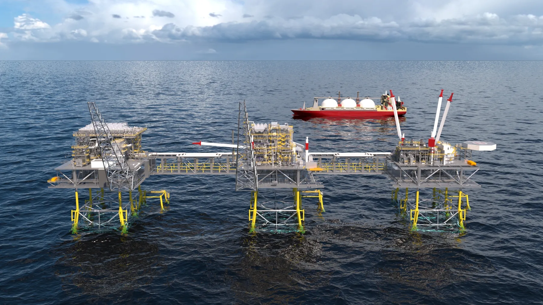 Photo shows a midscale LNG plant installed on three fixed jacket offshore platforms.