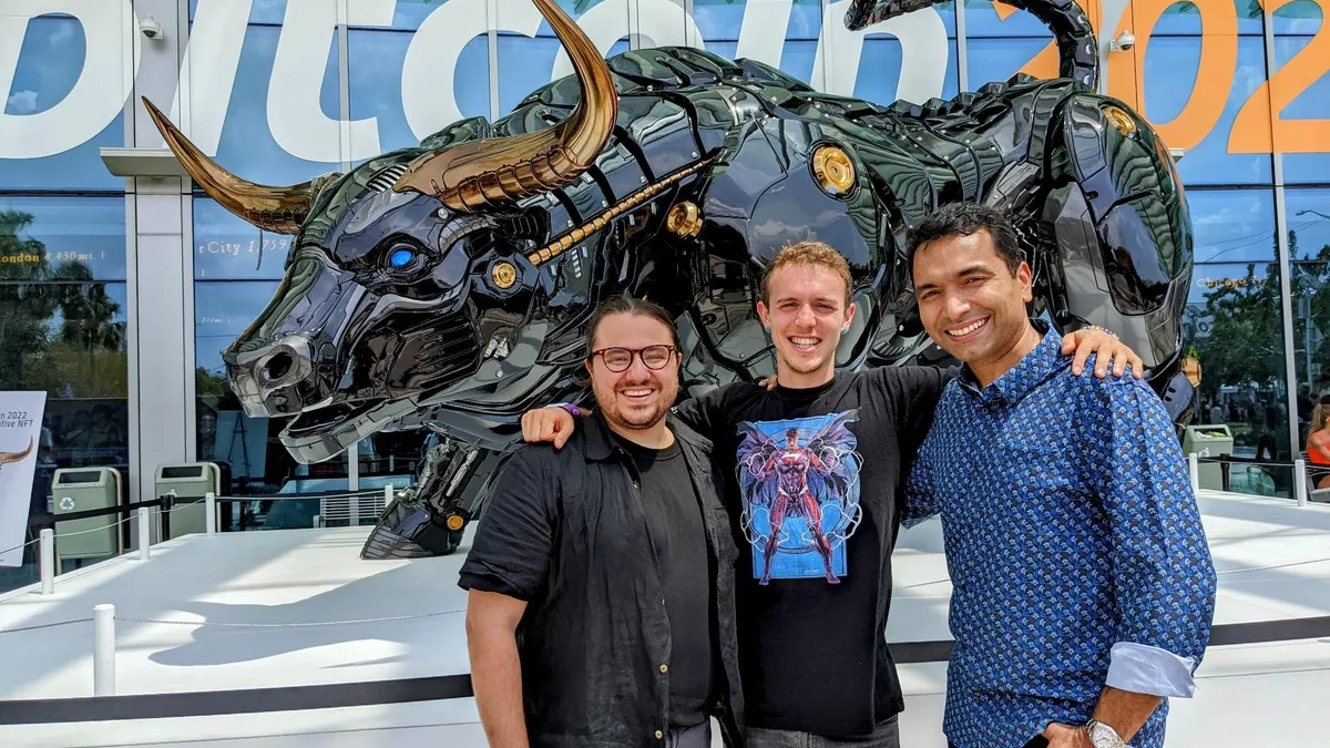 Wyre CEO Yanni Giannaros, Bolt founder and executive chairman Ryan Breslow, Bolt CEO Maju Kuruvilla are pictured at the Bitcoin 2022 conference in Miami.