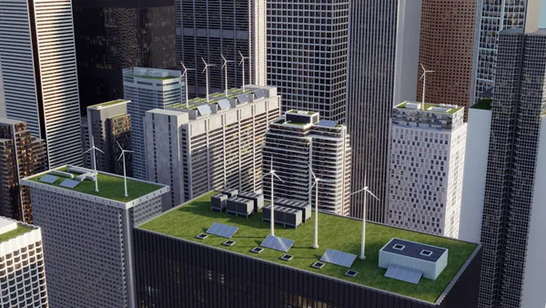 A cityscape with sustainable buildings that include solar panels, wind turbines and green roofs