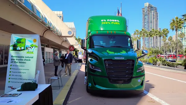A Clean Energy demo truck parked outside the San Diego Convention Center in October 2025.