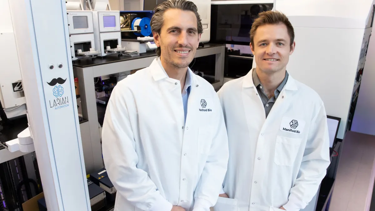 Two of Manifold Bio's co-founders, Pierce Ogden and Gleb Kuznetsov, pose in the company's labs.
