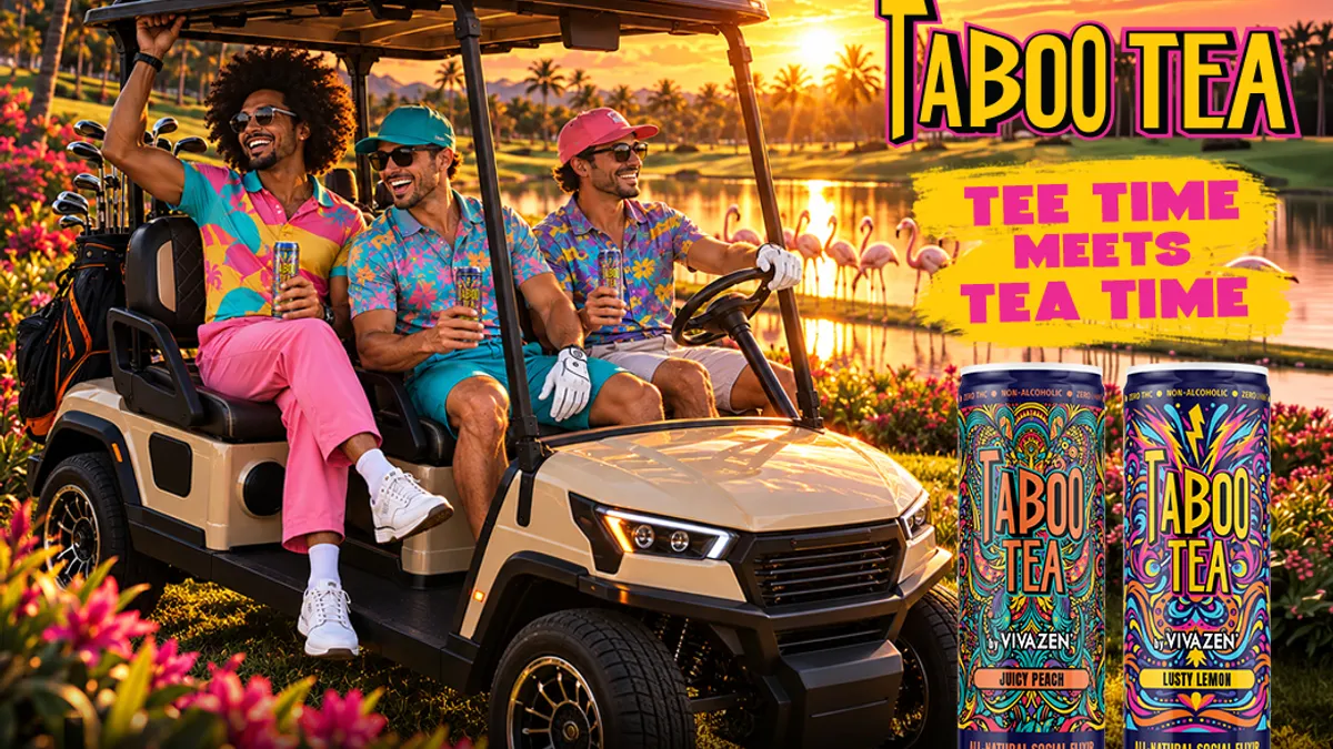 Three men in colorful golf clothes ride a golf cart at sunset beside two Taboo Tea cans; text reads “Tee time meets tea time.”