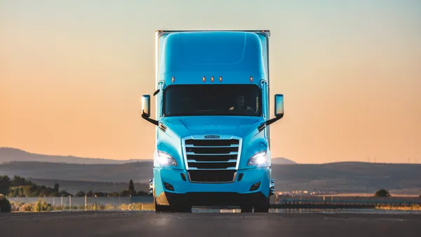 A front view of a Freightliner Cascadia truck.