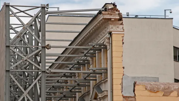 Close-up of scaffolding on an old stone building