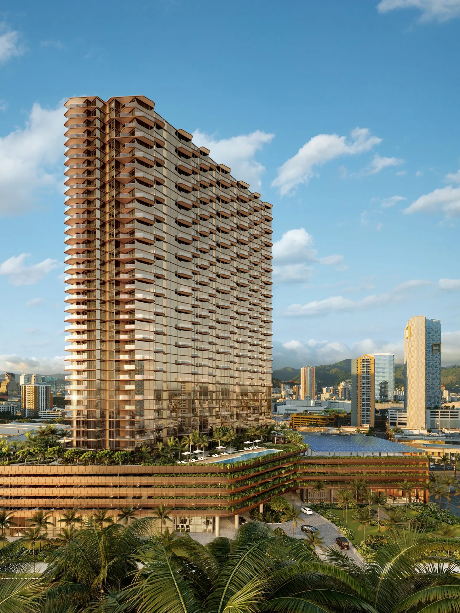 A large warm brown building towers with balconies towers over a city, with palm trees in the foreground.