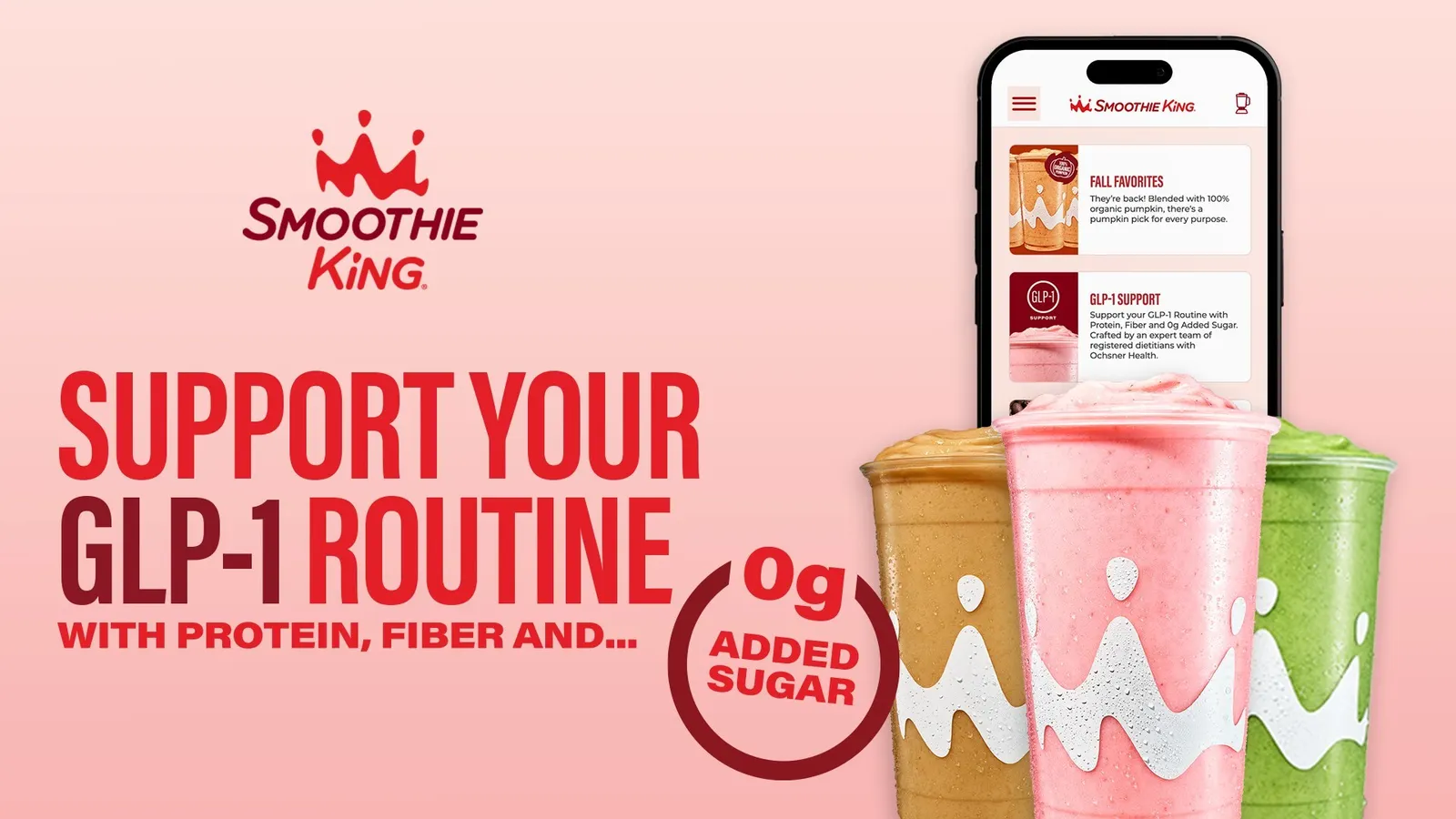 An iamge of three smothies and a phone for GLP-1 support from Smoothie King