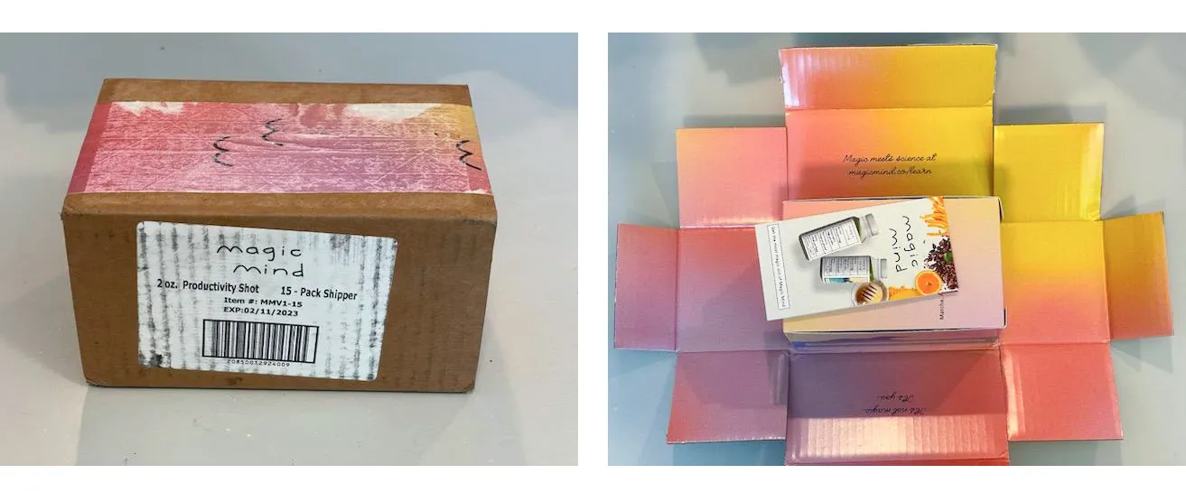 Before and after images of a shipping box being opened, with bright pink ink on the inside box walls visible only after opening.