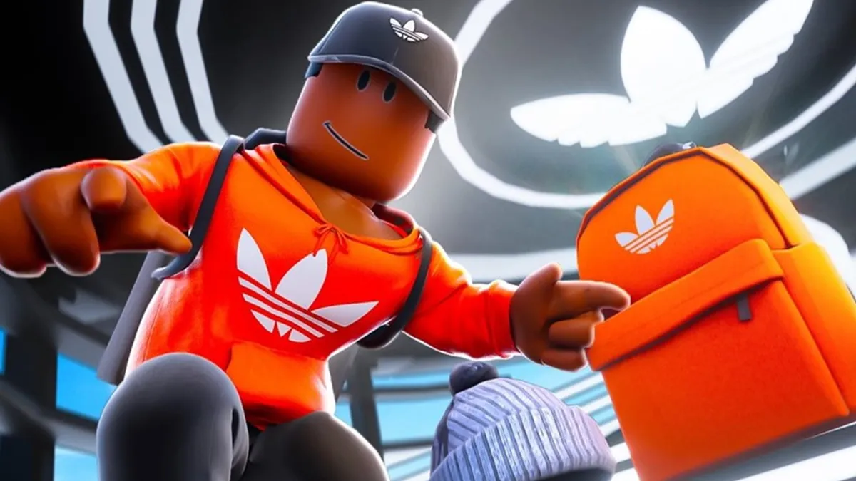 A computer-generated image of a figure with a backpack on Roblox wearing the Adidas logo.