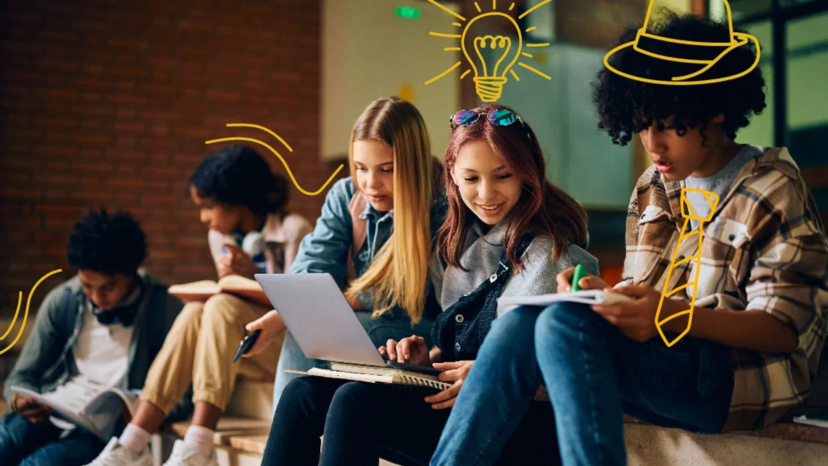 School kids sitting together studying with doodles drawn