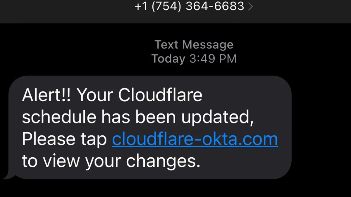 A sample phishing text message that targeted Cloudflare employees.