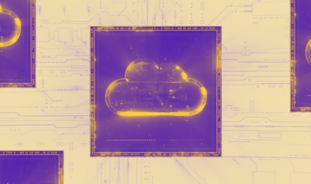 An illustration of a cloud inside a purple computer chip.