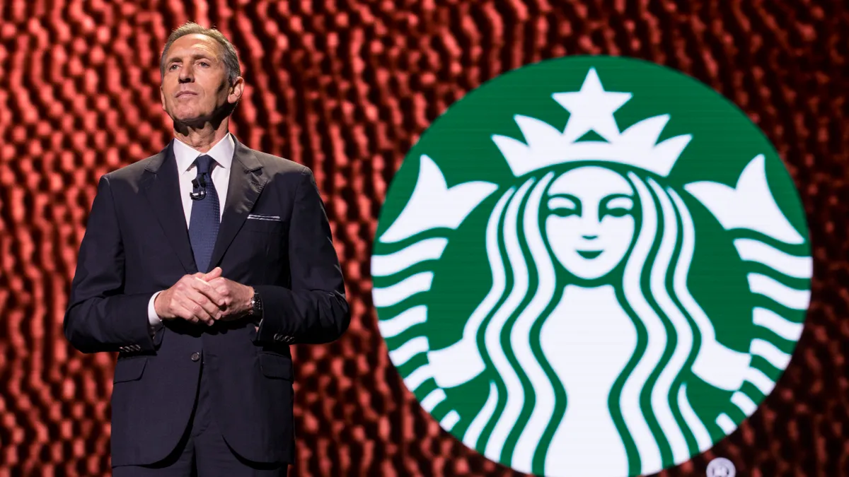 Starbucks CEO Howard Schultz speaking at a shareholder meeting