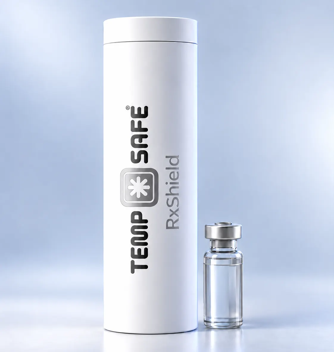 A canister with TempSafe RxShield written on the side is next to a medical vial containing fluid.