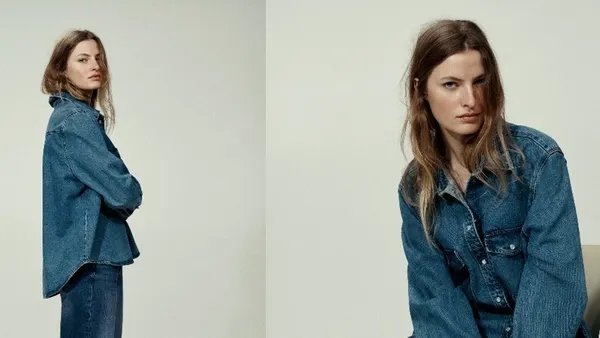 Side by side photos of a person with long hair wearing a denim shirt and jeans.