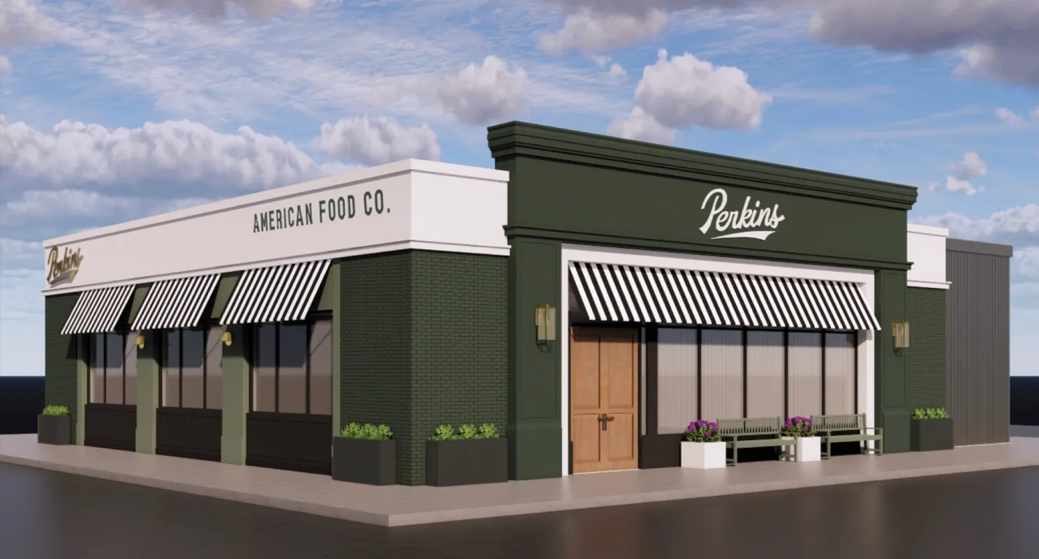 A rendering of a green building with Perkins branding on it.