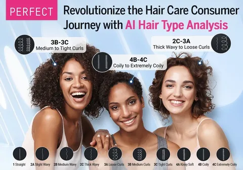 A promotional photo for Perfect Corp.'s AI hair tool with three models and their hair type identified.