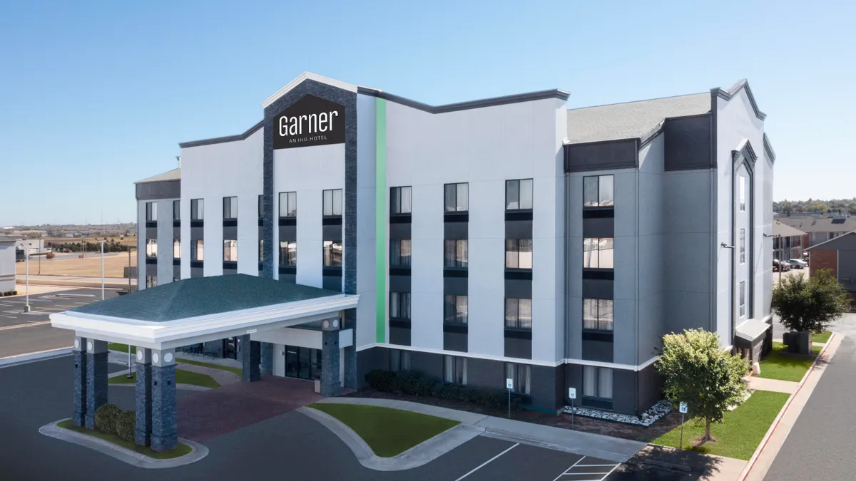 A rendering of the exterior of a Garner hotel.