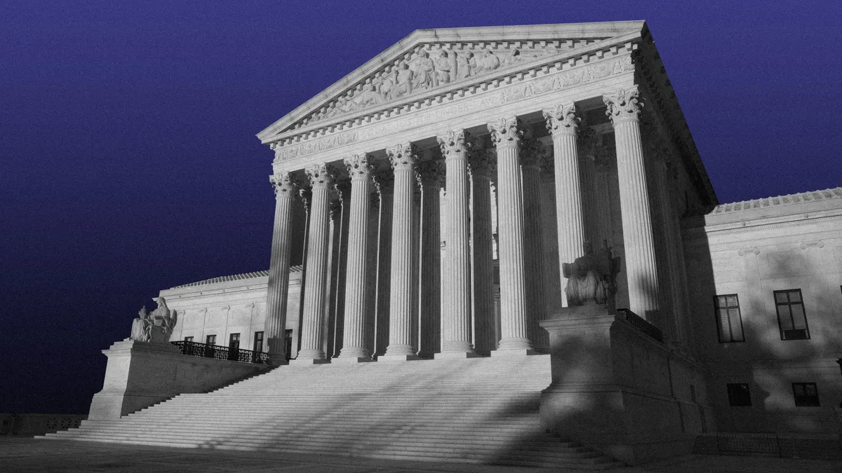 A photo collage of the US Supreme Court building in Washington DC, on dark purple gradient background.