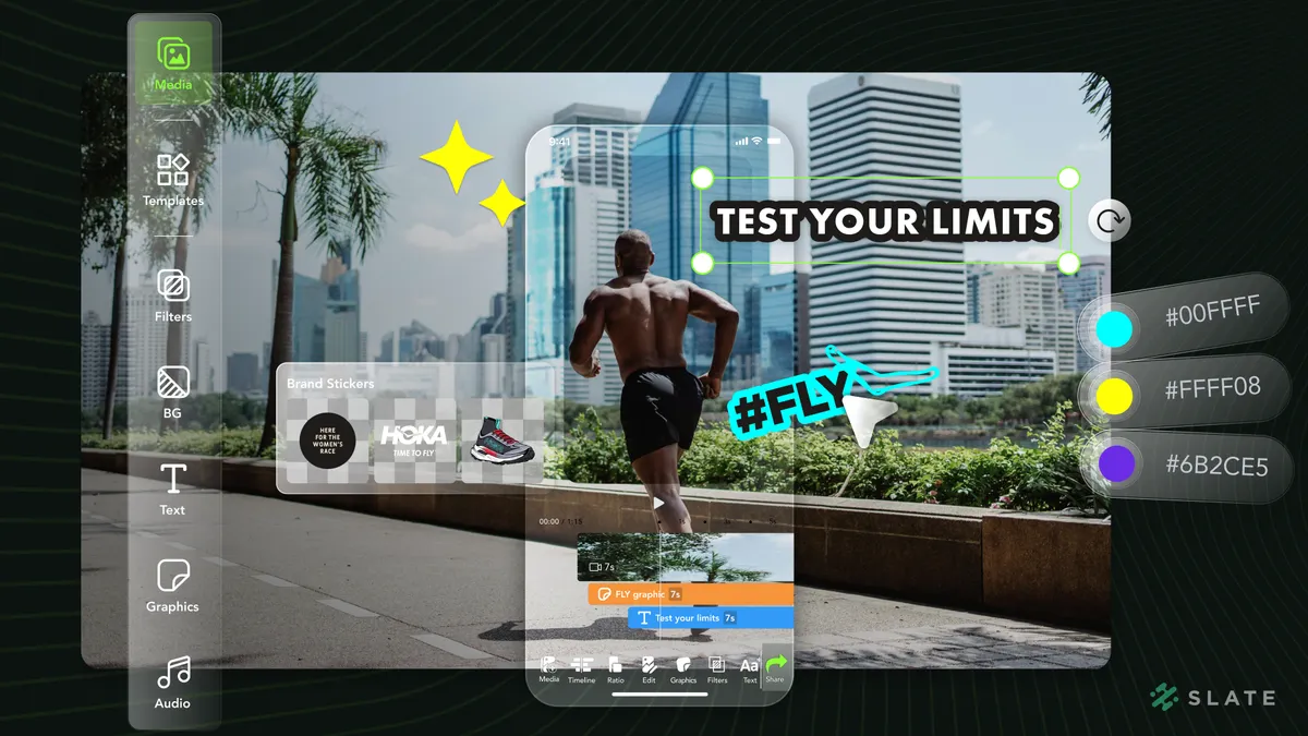 Graphic of a runner with social media and phone UI icons.